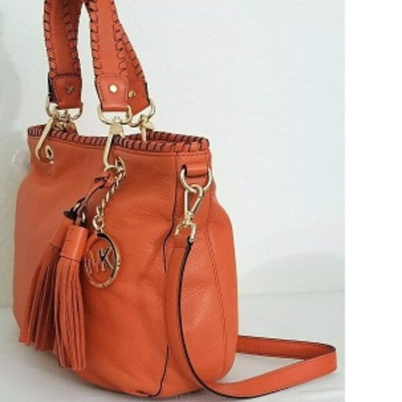 MICHAEL KORS BENNET TANGERINE ORANGE LEATHER MEDIUM CROSSBODY TOTE BAG NWT! - Picture 8 of 11